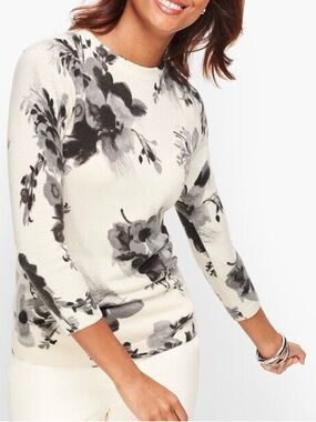 Talbots Cashmere Audrey Sweater in Winter Floral Watercolor Print Size SP